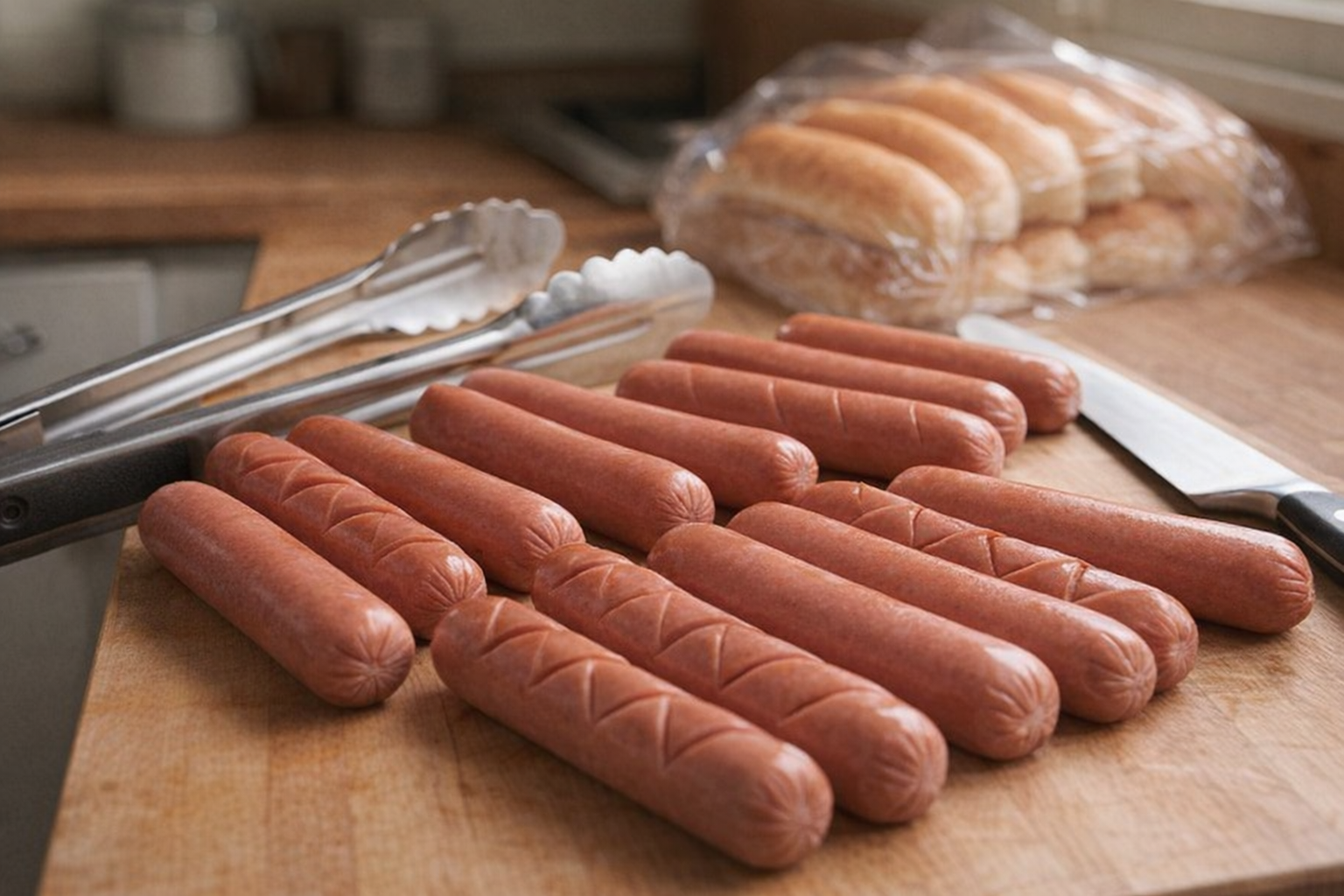 A close-up shot of raw hot dogs, some with diagonal scores, arranged on a cutting board next to a pair of metal tongs and a chef's knife, with a package of hot dog buns slightly out of focus in the background.